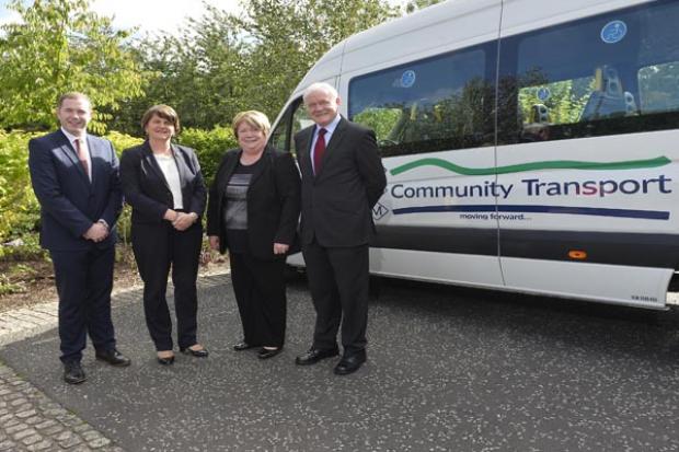 (L-R) Infrastructure Minister Chris Hazzard, First Minister Arlene Foster, Brigid Scullion Manager CDM Community Transport and deputy First Minister Martin McGuinness.