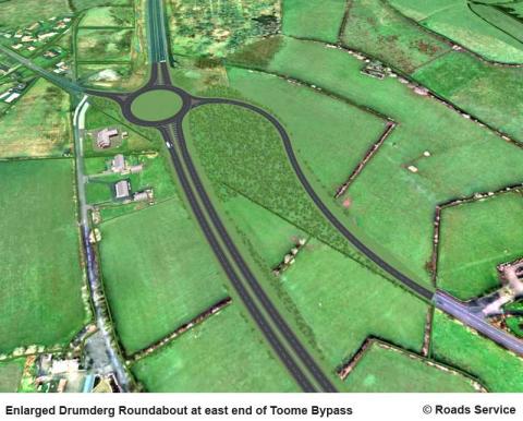 Enlarged Drumderg Roundabout at east end of Toome Bypass