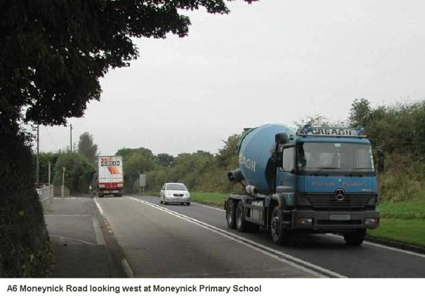 A6 Moneynick Road looking west at Moneynick Primary School