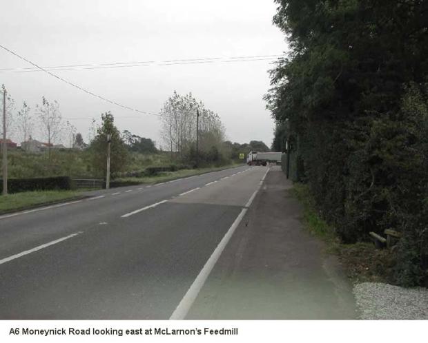 A6 Moneynick Road looking west at McLarnon's Feedmill